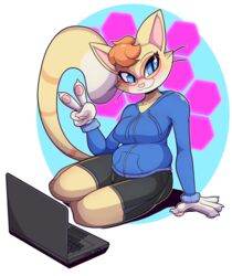  alpha_channel anthro breasts clothing computer domestic_cat electronics eyewear felid feline felis female gesture glasses hair hand_gesture hi_res laptop mammal pawpads queen_(alfa995) slightly_chubby smile snappygrey solo v_sign whiskers 