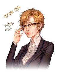  blazer brown_eyes brown_hair commentary_request female formal glasses jacket kang_jaehee korean_commentary solo starpiece susanghan_messenger upper_body 