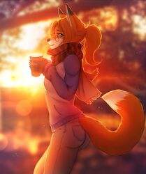  2017 5_fingers amber_(mancoin) anthro beverage black_body black_fur black_nose blue_eyes breasts canid canine clothed clothing dafka digital_media_(artwork) eyewear female fingers fluffy fluffy_tail fox foxyverse fully_clothed fur glasses hair heterochromia holding_beverage holding_object long_hair mammal multicolored_body multicolored_fur orange_body orange_fur outside portrait scarf side_view smile solo standing sweater tail three-quarter_portrait topwear warm_colors white_body white_fur 