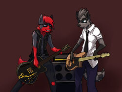  4:3 amplifier anthro arrwulf bare_shoulders bass_guitar belt belt_buckle black_background black_body black_fur black_necktie bottomwear buckle clothed clothing denim denim_bottomwear denim_clothing duo electric_guitar eyewear fender_musical_instruments_corporation fully_clothed fur fur_markings gibson gibson_175 glasses grey_body grey_fur guitar guitar_pick hyena ibanez_(company) ibanez_artcore jeans leather leather_clothing leather_topwear leather_vest male mammal markings musical_instrument necktie ozzy_(ozzyspots) pants pick_bass playing_bass playing_guitar playing_music plectrum plucked_string_instrument precision_bass procyonid raccoon red_body red_fur rocking rocking_out shirt simple_background skacoon smile spotted_hyena string_instrument sunglasses topwear torn_bottomwear torn_clothing torn_jeans torn_pants vest whammy_bar white_clothing white_shirt white_topwear 