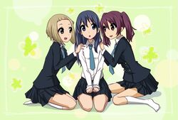  3girls asou_natsumi bad_id bad_pixiv_id blue_eyes blue_hair brown_eyes brown_hair k-on! kajiwara_sora kneehighs multiple_girls necktie parody red_eyes red_hair sakebuotoko school_uniform short_hair sketchbook_full_colors skirt socks style_parody torikai_hazuki twintails 