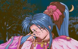  1990s_(style) blue_hair crescent_moon dithering facial_mark female forehead_mark forest hair_ornament japanese_clothes kimono light_smile long_hair looking_at_viewer masaki_misaki_jurai moon nature night pc-98_(style) pink_eyes pixel_art ponytail retro_artstyle sidelocks sky sleeves_past_wrists solo spiked_hair tenchi_muyou! tenchi_muyou!_ryou-ouki tree v_over_eye 