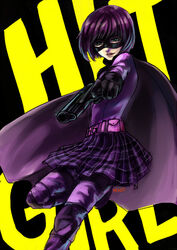  belt belt_pouch bob_cut cape commentary_request female green_eyes gun handgun hit-girl kick-ass mask miau plaid plaid_skirt pouch purple_hair short_hair skirt solo weapon 