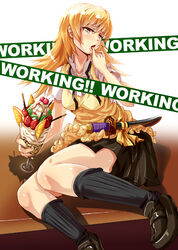  black_socks blonde_hair blush brown_eyes commentary_request female food foreshortening hiroaki_(hiropon_pj) ice_cream kneehighs legs licking licking_finger loafers long_hair shadow sheath sheathed shoes sitting skirt socks solo sundae sword todoroki_yachiyo tongue waitress weapon working!! 