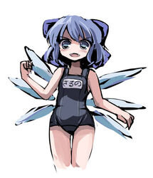  &gt;:) :d blue_eyes blue_hair bow cirno female gatau hairbow looking_at_viewer lowres no_nose one-piece_swimsuit open_mouth ribbon school_swimsuit short_hair smile solo swimsuit thigh_gap touhou v-shaped_eyebrows wings 