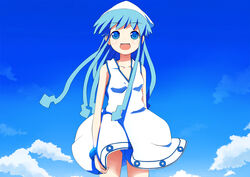  blue_eyes blue_hair bracelet commentary_request dress female hat ikamusume jewelry long_hair naono photoshop_(medium) shinryaku!_ikamusume solo tentacle tentacle_hair 