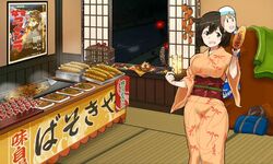  ajijiman blush brown_eyes brown_hair candy_apple character_mask chocolate_banana commentary_request corn eel error_musume female food girl_holding_a_cat_(kancolle) godzilla_(series) grilled_corn hiryuu_(kancolle) indoors japanese_clothes kantai_collection kimono looking_at_viewer mask mask_on_head movie_poster_(object) open_mouth parody poco_(backboa) smile solo tatami translated wainscoting yukata 