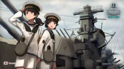  2girls :d anti-aircraft_gun battleship black_hair blue_sailor_collar blush brown_eyes commentary_request hat holding_hands ladder long_hair military military_vehicle multiple_girls official_art open_mouth pork_pie_sailor_hat radar range_finder sailor_collar sailor_hat shibafu_(glock23) ship short_hair shorts smile smokestack translation_request wargaming_japan warship watercraft white_shorts white_uniform world_of_warships yamato_(battleship) 