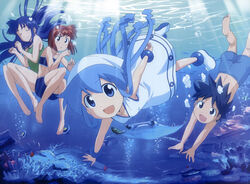  1boy 3girls :t absurdres aizawa_chizuru aizawa_eiko aizawa_takeru barefoot bikini black_hair blue_eyes blue_hair brown_eyes brown_hair casual_one-piece_swimsuit closed_eyes coral coral_reef dress fish highres holding_breath ikamusume imageboard_desourced ishikawa_masakazu long_hair male_swimwear manta_ray multiple_girls non-web_source official_art one-piece_swimsuit open_mouth shinryaku!_ikamusume short_hair swim_trunks swimsuit tankini tentacle tentacle_hair triggerfish underwater very_long_hair 