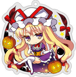  artist_name blonde_hair bow breasts chibi choker cleavage clothes_lift commentary_request corset crossed_legs dress dress_lift elbow_gloves female frilled_dress frills gloves hairbow half-closed_eyes halloween hat hat_ribbon high_heels jack-o&#039;-lantern katagiri_chisato long_hair looking_at_viewer lowres medium_breasts mob_cap outline pointing pointing_up puffy_short_sleeves puffy_sleeves purple_dress purple_footwear ribbon ribbon_choker shoes short_sleeves smile solo star_(symbol) thighhighs thighs touhou very_long_hair white_gloves white_thighhighs yakumo_yukari 