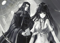  1boy aituoku bad_id bad_pixiv_id black_robe cigarette female greyscale holding holding_sword holding_weapon kanzaki_kaori katana long_coat long_hair midriff monochrome navel photoshop_(medium) ponytail priest robe shichiten_shichitou shirt short_hair stiyl_magnus sword tied_shirt toaru_majutsu_no_index unsheathed very_long_hair weapon 