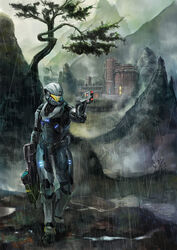  1boy armor assault_rifle assault_visor bullpup commentary_request farm gear_(zcjx999) gun halo:_reach halo_(series) handgun helmet highres m6 ma5 male_focus mountain photoshop_(medium) power_suit rain reach_(planet) rifle scenery solo spartan-b312 spartan_(halo) tree weapon 