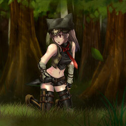  animal_hat bare_shoulders belt black_shorts boots brown_hair cat_hat commentary_request crop_top fantasy_earth fantasy_earth_zero female fingerless_gloves forest gloves grass hat kneeling kunai long_hair looking_back midriff nature necktie photoshop_(medium) pobbin purple_eyes scout_(fantasy_earth) scout_(forbidden_outfit)_(fantasy_earth_zero) shorts sleeveless sleeveless_turtleneck solo thigh_boots thighhighs tree turtleneck vest weapon 