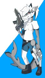  anthro bionics boots clothing cool_colors cybernetics female fish footwear g36c gills gun hair hi_res jenna_silver machine marine ranged_weapon shark simple_background smile solo timothy_scott weapon 