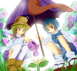  2girls blonde_hair blue_hair commentary_request hat heterochromia moriya_suwako multiple_girls rain rikkunia short_hair snail squatting tatara_kogasa touhou umbrella watering_can yellow_eyes 