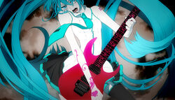  bad_id bad_pixiv_id blue_eyes blue_hair female guitar hatsune_miku instrument long_hair necktie solo tattoo vocaloid yuanmaru 