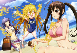  3girls absurdres age_difference ahoge alternate_hairstyle applying_sunscreen armpits arms_up asama_miya barefoot beach bikini blonde_hair blush_stickers bottle breasts brown_eyes brown_hair chestnut_mouth cleavage closed_eyes cloud collarbone covered_navel covered_nipples day dutch_angle english_text facing_viewer flat_chest from_side front-tie_bikini_top front-tie_top groin hair_between_eyes hair_ribbon hair_tie half_updo hand_on_own_cheek hand_on_own_face hand_up happy highres hip_focus holding_own_arm horizon jumping knees_up kusano large_breasts laughing legs_apart lens_flare lolicon long_hair looking_at_another lotion medium_breasts multiple_girls musubi name_tag narrow_waist non-web_source nyantype ocean official_art old_school_swimsuit one-piece_swimsuit outdoors parted_lips purple_hair purple_sarong raised_eyebrows ribbon rock sakata_osamu sarong scan school_swimsuit sekirei sekirei_~pure_engagement~ sidelocks sitting sky spilling standing straight_hair sunscreen swimsuit twintails underboob very_long_hair water white_bikini white_ribbon white_sarong 