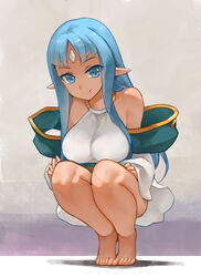  bad_id bad_pixiv_id bare_shoulders barefoot blue_eyes blue_hair female forehead_jewel kalar_(race) looking_at_viewer pastel_kalar photoshop_(medium) pointy_ears rance_(series) rance_quest smile solo squatting yostxxx 