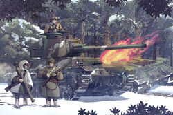  3boys arisaka bolt_action boots cannon caterpillar_tracks coat commentary_request earasensha fire forest fur_trim gloves gun handgun imperial_japanese_army male_focus military military_vehicle motor_vehicle multiple_boys nambu_type_14 nature original outdoors photoshop_(medium) rifle snow soldier t-34 tank tree type_4_70mm_at_rocket_launcher type_4_chi-to uniform weapon winter_clothes winter_uniform 