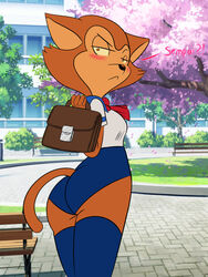  3:4 anthro ass bench blush brown_eyes cherry_blossom cherry_blossom_tree cherry_tree clothing dialogue domestic_cat felid feline felis female flower fruit_tree hi_res legwear looking_at_viewer looking_back mammal metalslayer pamela_bondani patrol_03 plant prunus_(flower) rear_view school school_uniform solo stockings thigh_highs tree uniform vono 