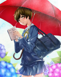  bag blush bokura_wa_minna_kawaisou book brown_eyes brown_hair commentary_request conone female flower highres holding holding_book holding_umbrella hydrangea kawai_ritsu looking_at_viewer neck_ribbon open_book open_mouth red_umbrella ribbon school_bag school_uniform short_hair skirt solo standing umbrella yellow_ribbon 