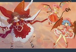  3girls ascot bat_wings blonde_hair blue_hair bow brown_hair commentary_request embellished_costume flandre_scarlet frills hairbow hakurei_reimu letterboxed mary_janes multiple_girls pinzu red_eyes remilia_scarlet shoes siblings sisters touhou wings 