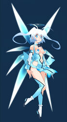  :o absurdres antenna_hair aoba_anoa bad_id bare_shoulders black_bow black_bowtie blue_eyes blue_leotard blue_theme boots bow bowtie breasts center_opening clothing_cutout detached_collar detached_sleeves female floating_hair frills full_body halo highres leotard long_hair medium_breasts navel navel_cutout official_art otomedius pelvic_curtain photoshop_(medium) revealing_clothes see-through see-through_skirt simple_background skirt solo thigh_boots thighhighs twintails white_hair wings yoshizaki_mine 