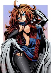  adapted_costume android_21 bare_shoulders black-framed_eyewear blue_eyes breasts brown_hair commentary_request curly_hair detached_sleeves dragon_ball dragon_ball_fighterz dress earrings female glasses highres hoop_earrings jewelry lab_coat long_hair medium_breasts meme_attire nail_polish pantyhose red_hair solo vermillion_dice virgin_killer_sweater 