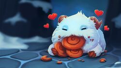  16:9 ambiguous_gender cake closed_eyes dessert digital_media_(artwork) eating feral food fur heart_symbol hi_res holding_food holding_object horn league_of_legends mammal poro poro_(lol) riot_games sleeping solo tencent unknown_artist widescreen 