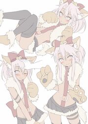  :o animal_ears animal_hands bad_id bad_pixiv_id bell black_legwear black_skirt blush bow cat_ears cat_girl cat_tail chloe_von_einzbern chloe_von_einzbern_(beast_style) closed_mouth commentary_request dark-skinned_female dark_skin fate/kaleid_liner_prisma_illya fate_(series) female fur-trimmed_gloves fur-trimmed_skirt fur_trim gloves hair_bell hair_ornament hairbow hand_on_another&#039;s_head head_tilt headpat jingle_bell long_hair looking_at_viewer lying mobu multiple_views navel o-ring on_back one_eye_closed parted_lips paw_gloves paw_shoes pink_eyes pleated_skirt red_bow shoes simple_background skirt smile standing stomach_tattoo tail tattoo thighhighs white_background white_hair 