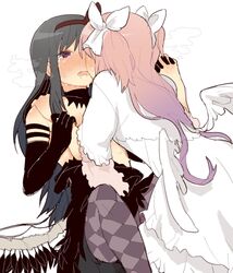  2girls akemi_homura akuma_homura argyle_clothes argyle_legwear bad_id bad_pixiv_id bare_shoulders black_gloves black_hair black_wings blush bow dress elbow_gloves feathered_wings gloves hair_ribbon hairband hairbow ilhi kaname_madoka long_hair mahou_shoujo_madoka_magica mahou_shoujo_madoka_magica:_hangyaku_no_monogatari multiple_girls pantyhose pink_hair purple_eyes ribbon spoilers two_side_up ultimate_madoka wings yuri 