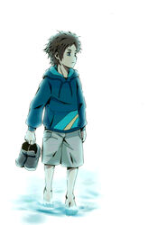  1boy blue_eyes brown_hair commentary_request highres hood hoodie khunpol male_focus nagi_no_asukara sakishima_hikari shoes shorts unworn_shoes wading water 