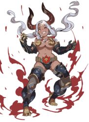  &gt;:) ;) bad_id bad_twitter_id bare_shoulders belt black_gloves breasts collarbone dark-skinned_female dark_skin draph elbow_gloves emu_(eomou) facial_mark female fire forehead_mark full_body gandagouza genderswap_(mtf) gloves granblue_fantasy grey_hair grey_thighhighs highres horns large_breasts long_hair low-tied_long_hair midriff navel one_eye_closed orange_eyes pointy_ears quad_tails rule_63 simple_background skindentation smile solo sparkle thigh_strap thighhighs v-shaped_eyebrows white_background zettai_ryouiki 