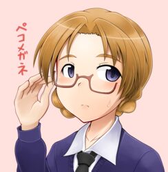  blonde_hair blue_eyes commentary_request dead_people female girls_und_panzer glasses necktie orange_pekoe_(girls_und_panzer) pink_background school_uniform semi-rimless_eyewear solo st._gloriana&#039;s_school_uniform sweatdrop sweater translated under-rim_eyewear 