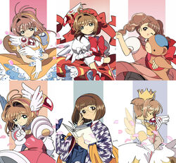  3girls ;d adjusting_eyewear book bow braid brown_eyes brown_hair cardcaptor_sakura clamp_(circle)_(style) closed_eyes commentary_request crown dress edoya_inuhachi finger_to_mouth fuuin_no_tsue glasses gloves green_eyes hairband hakama hakama_skirt hat headset highres japanese_clothes kinomoto_sakura kinomoto_sakura_(magic_dream_costume) kinomoto_sakura_(pink_feather_costume) kinomoto_sakura_(winged_egg_crown_costume) kinomoto_sakura_(yellow_umbrella_costume) magical_girl meiji_schoolgirl_uniform mihara_chiharu multiple_girls one_eye_closed open_book open_mouth petals puffy_short_sleeves puffy_sleeves short_sleeves skirt smile staff stuffed_animal stuffed_toy teddy_bear twin_braids white_gloves wings yagasuri yanagisawa_naoko 