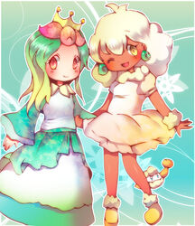  2girls blonde_hair blush boots crown dark_skin doredia dress earrings erufuun flower green_hair hair_ornament jewelry koro_(artist) lilligant long_hair moemon multicolored_hair multiple_girls open_mouth personification pixiv_thumbnail pokemon pokemon_(game) pokemon_black_and_white pokemon_bw resized short_hair smile two-tone_hair two_tone_hair whimsicott white_hair wink winking 