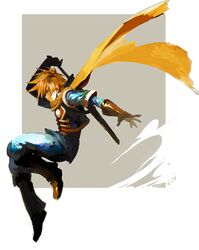  armor blonde_hair boots brown_footwear full_body gloves golden_sun lechuza male_focus outstretched_arm profile rectangle robin_(golden_sun) scarf solo spiked_hair sword weapon weapon_on_back 