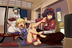  3girls alternate_costume architecture barefoot blonde_hair carrying chiyomi clenched_teeth commentary_request controller east_asian_architecture feet frog green_eyes green_hair grimace hair_ornament hanging_scroll hat indian_style kicking kochiya_sanae leaf_hair_ornament legs long_hair moriya_suwako multiple_girls night onbashira outstretched_arm outstretched_hand panties pantyshot purple_hair pyonta red_eyes remote_control scroll short_hair sitting skirt table tantrum tatami tears teeth television touhou translated tray underwear yasaka_kanako 