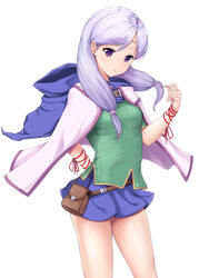  arm_behind_back bad_id bad_pixiv_id belt belt_pouch blue_skirt blush bow cape circlet commentary_request cowboy_shot female fire_emblem fire_emblem:_path_of_radiance fire_emblem:_radiant_dawn green_shirt headband highres hood hood_down ilyana_(fire_emblem) legs_apart long_hair looking_at_viewer low-tied_long_hair miniskirt nekomiyanono pink_cape pink_hair pouch purple_eyes red_bow ribbon shirt simple_background skirt solo standing swept_bangs thighhighs thighs untying white_background wrist_ribbon 