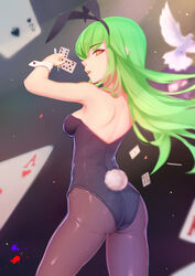  animal_ears arm_up ass back bare_arms bare_shoulders bird black_hairband black_leotard black_pantyhose breasts c.c. card code_geass commentary_request cowboy_shot fake_animal_ears female from_behind green_hair hairband half-closed_eye highres holding holding_card kugutsu_(961598140) legs_apart leotard light_rays long_hair looking_back md5_mismatch medium_breasts open_mouth pantyhose playboy_bunny rabbit_ears rabbit_tail shoulder_blades sideboob solo standing strapless strapless_leotard tail wrist_cuffs yellow_eyes 