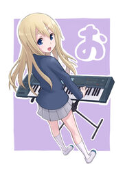  bad_id bad_pixiv_id blonde_hair blue_eyes female from_above instrument k-on! korg_triton kotobuki_tsumugi long_hair looking_back looking_up mofu_(mof_swimradio) sakuragaoka_high_school_uniform school_uniform solo synthesizer 