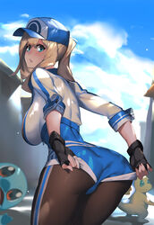  adjusting_clothes aqua_eyes ass baseball_cap black_gloves blonde_hair blue_shorts breasts charmander cloud commentary_request cropped_jacket dappled_sunlight day female female_protagonist_(pokemon_go) fingerless_gloves fingernails flame-tipped_tail from_behind gloves guratan hat jacket large_breasts leaning_forward leggings looking_at_viewer looking_back open_mouth outdoors photoshop_(medium) pokemon pokemon_(creature) pokemon_go ponytail shadow shorts shorts_tug sidelocks skin_tight sky sleeves_rolled_up squirtle sunlight white_jacket zipper 