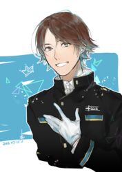  1boy :d bad_id bad_pixiv_id black_jacket brown_hair cropped_torso dated gloves hand_on_own_chest highres jacket long_sleeves looking_at_viewer male_focus naogen open_mouth ouji_kazuaki ouji_squad&#039;s_uniform outline smile solo triangle upper_body white_gloves world_trigger 