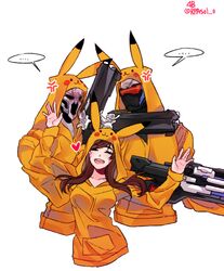  2boys :d ^_^ anger_vein bad_id bad_pixiv_id bangs breasts closed_eyes cosplay cropped_torso d.va_(overwatch) dual_wielding female futo_20 gen_1_pokemon gun hands_up happy heart holding hood hooded_jacket hoodie jacket long_hair long_sleeves looking_at_viewer mask matching_outfit medium_breasts multiple_boys open_mouth overwatch pikachu pikachu_(cosplay) pocket pokemon reaper_(overwatch) round_teeth simple_background smile soldier:_76_(overwatch) spoken_ellipsis swept_bangs teeth twitter_username visor weapon whisker_markings white_background white_hair 