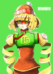  :/ @_@ arms_(game) beanie blonde_hair blunt_bangs breasts character_name closed_mouth clothes_writing commentary_request cowboy_shot crop_top female food green_background green_eyes green_shirt hat highres kamaboko knit_hat lips looking_at_viewer looking_away looking_to_the_side madarame meandros min_min_(arms) narutomaki noodles orange_hat outline pink_lips shirt short_eyebrows short_hair simple_background small_breasts solo standing thick_eyebrows tsurime turtleneck uneven_eyes white_outline zipper zipper_pull_tab 