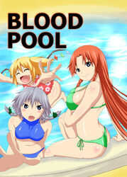  3girls :d ass bikini blonde_hair blue_bikini blue_eyes braid breasts butt_crack closed_eyes commentary_request english_text flandre_scarlet green_bikini grey_hair halterneck hong_meiling izayoi_sakuya long_hair medium_breasts multiple_girls oerba_yun_fang one-piece_swimsuit open_mouth pool reaching red_hair samuraichamp short_hair side-tie_bikini_bottom side_ponytail sideboob smile sports_bikini swimsuit touhou twin_braids water 