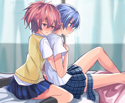  2girls ababarion akuma_no_riddle azuma_tokaku blue_eyes blue_hair blush commentary_request ichinose_haru multiple_girls necktie plaid plaid_skirt red_eyes red_hair school_uniform short_hair skirt sweater_vest twintails yuri 