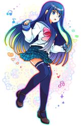  blue_eyes blue_hair blush commentary_request danganronpa:_trigger_happy_havoc danganronpa_(series) female hair_ornament hairclip heart highres long_hair maizono_sayaka mikan_tabetai musical_note open_mouth school_uniform serafuku solo thighhighs zettai_ryouiki 