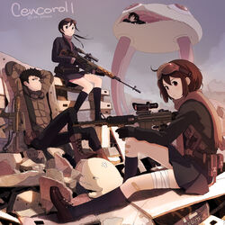  2boys 2girls acog artistic_error assault_rifle bandages bandaid black_hair boots brown_eyes brown_hair cenco cencoroll commentary_request denim dragunov_svd gloves goggles goggles_on_head gun gun_sling jeans kei_(cencoroll) kokudou_juunigou m4_carbine multiple_boys multiple_girls original pants photoshop_(medium) rifle scarf scope signature skirt sniper_rifle tetsu_(cencoroll) trigger_discipline twitter_username vertical_foregrip weapon yuki_(cencoroll) 