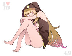  bare_shoulders barefoot blonde_hair blue_eyes center_opening commentary_request cynthia_(pokemon) feet female gastrodon gastrodon_(west) hair_over_one_eye hood hoodie long_hair makusu no_pants panties pantyshot pink_panties pokemon pokemon_(creature) sitting solo underwear 